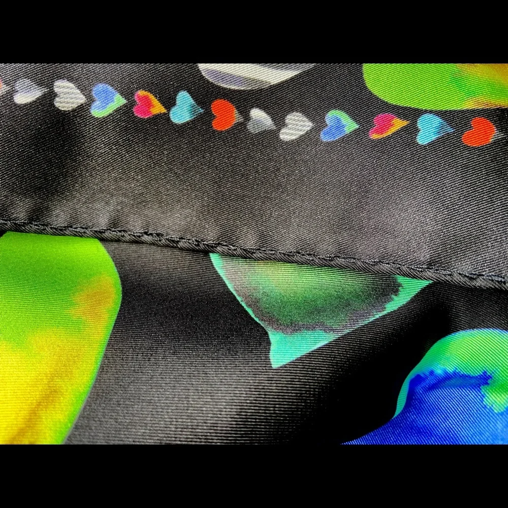 NEW MOSCHINO 100% Silk Scarf Black/Multi Heart Print,Hand rollIed, Italy…